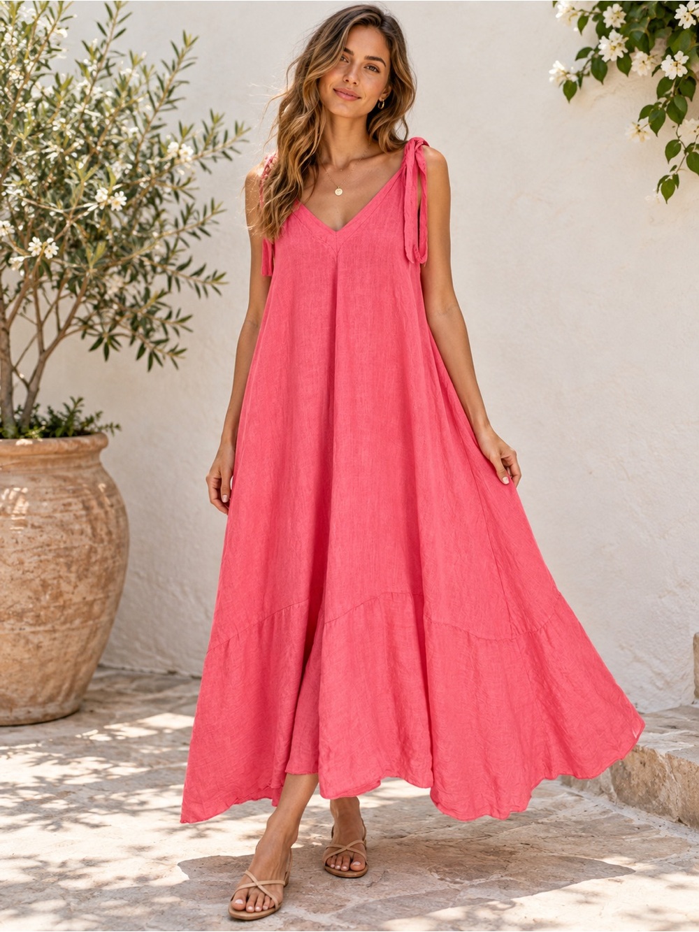 Made in Italy 100% Linen Coral Pink Tie Shoulder Maxi Dress Boho Lagenlook , M